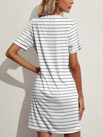 Pocketed Striped Round Neck Short Sleeve Dress DJPT